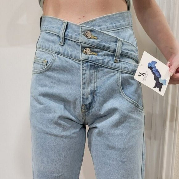 Jeans Double Criss Cross Waist Acid Wash Fashion  New Womans Sz 2 "WHY NOT?" - Picture 3 of 8